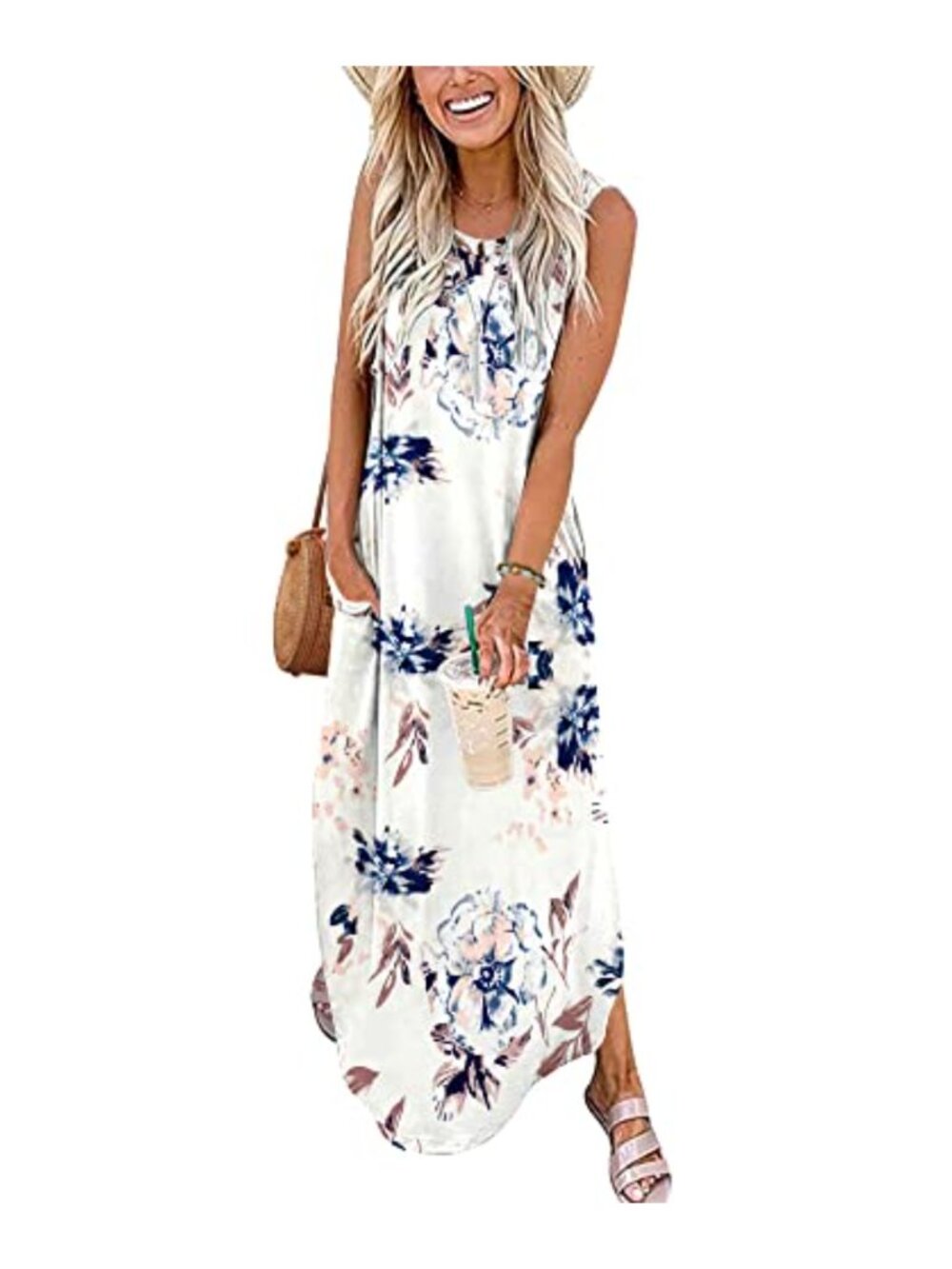 WNEEDU Sleeveless Maxi Sun Dress with Pockets - Women's Summer Beach Dress